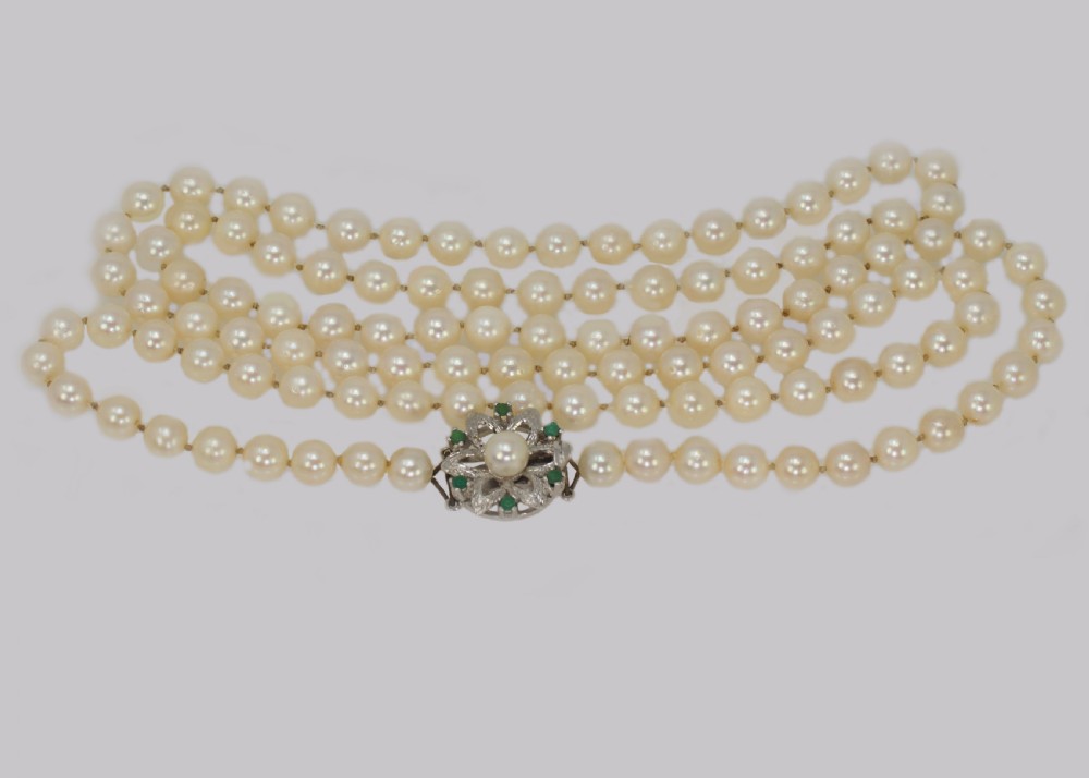 Vintage Pearl Necklace with Turquoise Floral Clasp 1960 s French Necklace 40