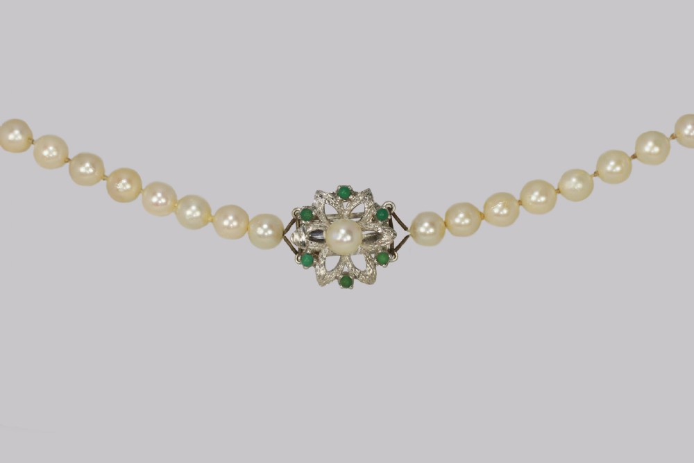 Vintage Pearl Necklace with Turquoise Floral Clasp 1960 s French Necklace 40