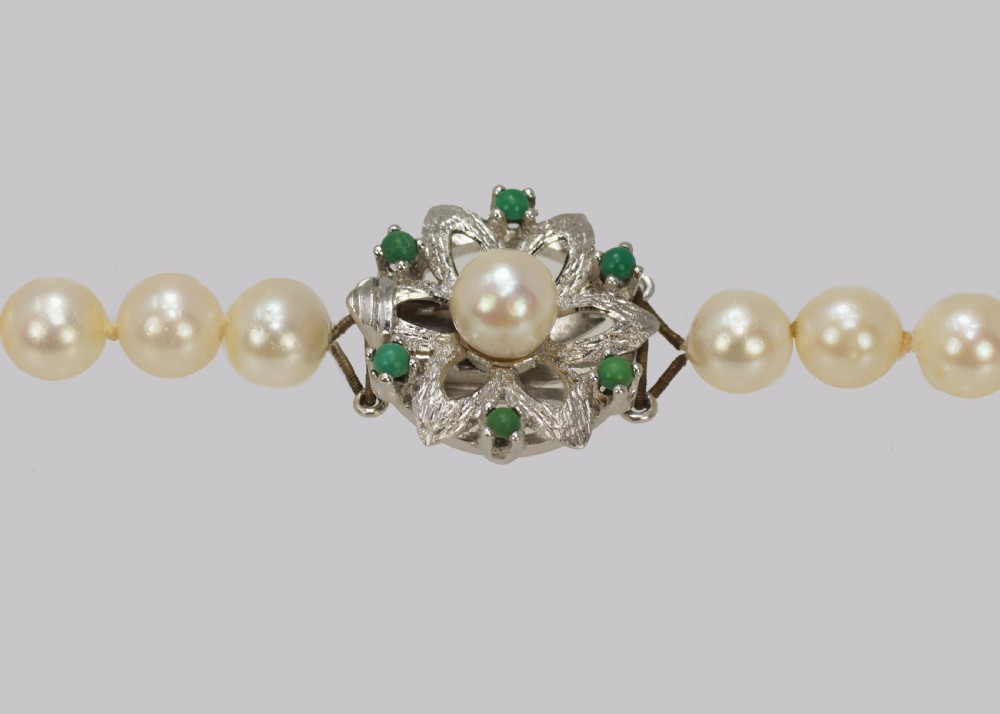 Vintage Pearl Necklace with Turquoise Floral Clasp 1960 s French Necklace 40