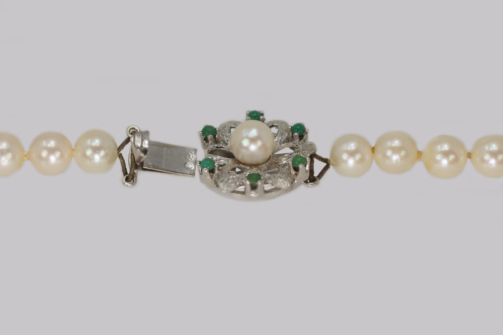 Vintage Pearl Necklace with Turquoise Floral Clasp 1960 s French Necklace 40