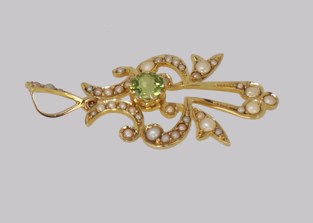 Edwardian 15ct Gold Peridot & Pearl Pendant Antique Art Nouveau Pendant circa 1910 View II