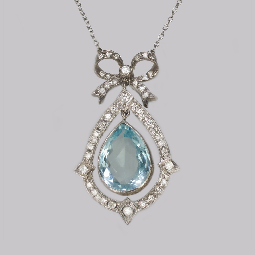 Antique Aquamarine & Diamond Necklace Platinum Belle Epoque Italian Pendant circa 1910