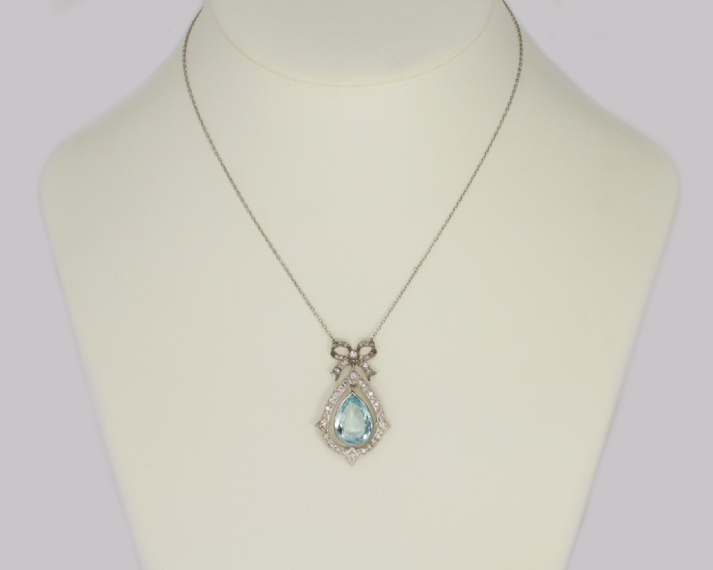 Antique Aquamarine & Diamond Necklace Platinum Belle Epoque Italian Pendant circa 1910 View II
