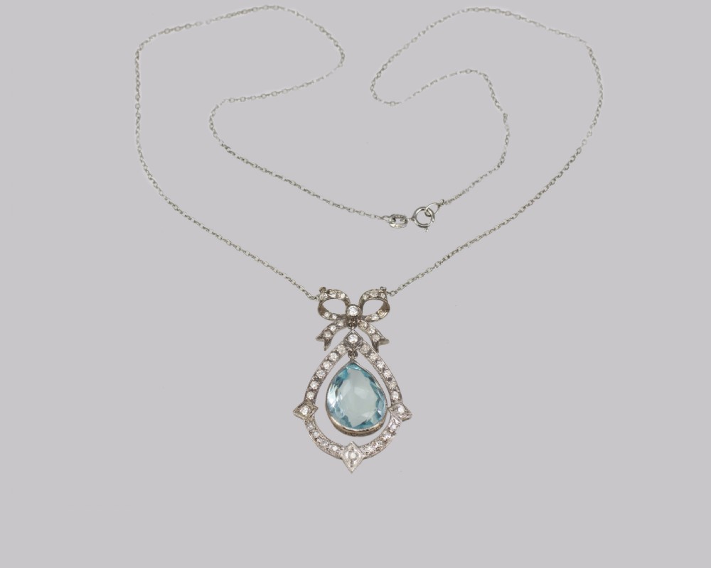 Antique Aquamarine & Diamond Necklace Platinum Belle Epoque Italian Pendant circa 1910 View III