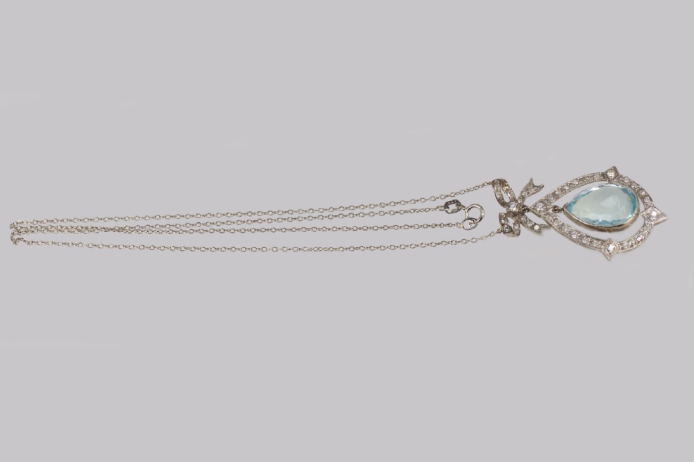 Antique Aquamarine & Diamond Necklace Platinum Belle Epoque Italian Pendant circa 1910 View IV