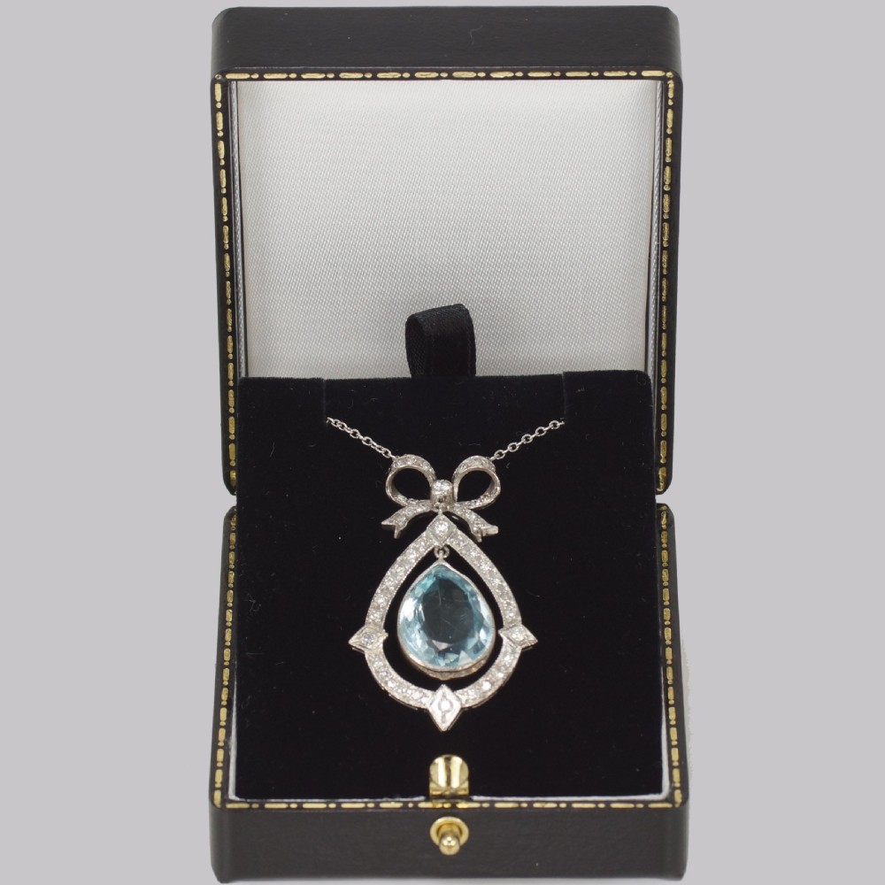 Antique Aquamarine & Diamond Necklace Platinum Belle Epoque Italian Pendant circa 1910 View V