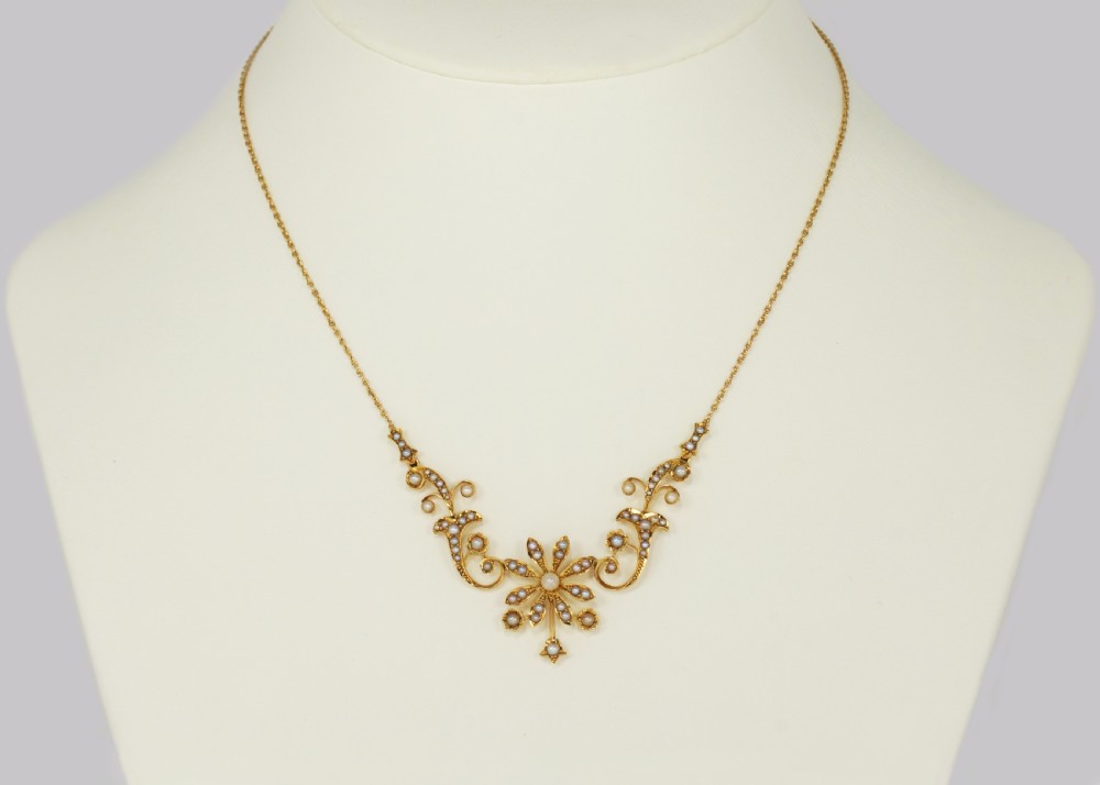 Edwardian Seed Pearl Necklace 9ct Gold Floral & Scroll Antique Necklace circa 1910 View II