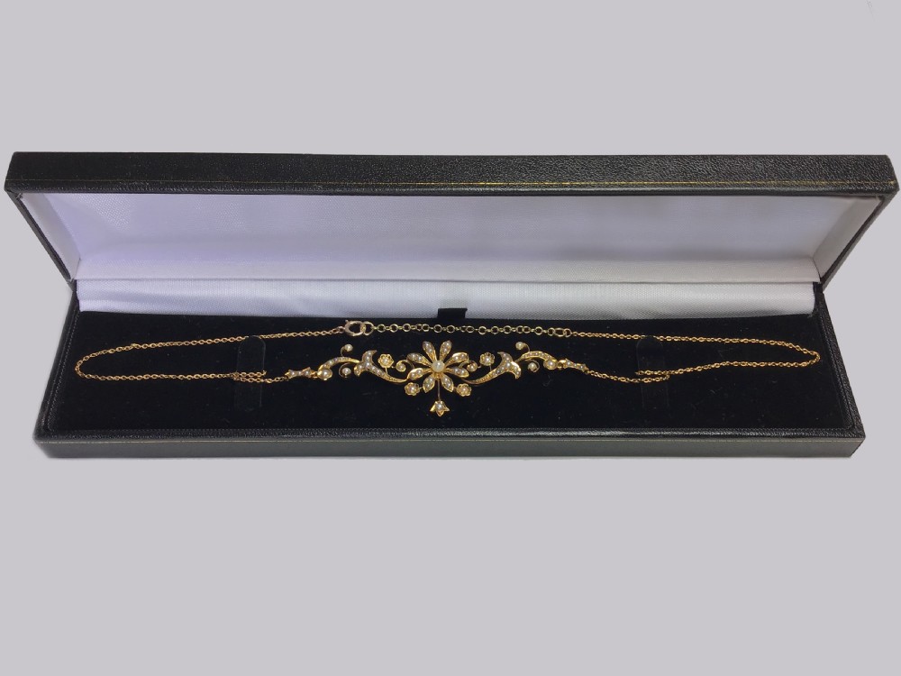 Edwardian Seed Pearl Necklace 9ct Gold Floral & Scroll Antique Necklace circa 1910 View V