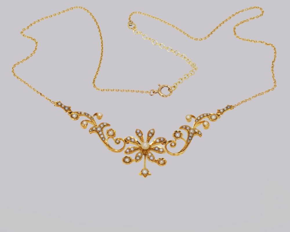 Edwardian Seed Pearl Necklace 9ct Gold Floral & Scroll Antique Necklace circa 1910 View VI