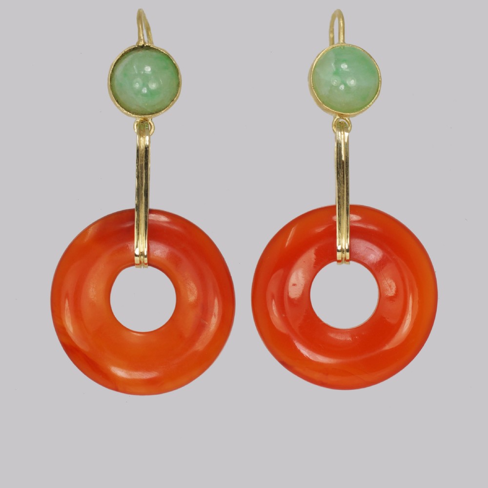 Vintage French Drop Earrings Carnelian & Jade 18ct Gold 1960s Dangle Earrings
