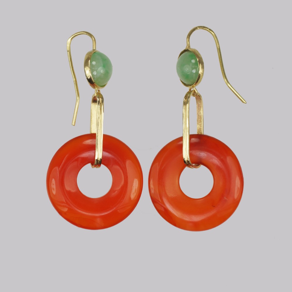 Vintage French Drop Earrings Carnelian & Jade 18ct Gold 1960s Dangle Earrings View II