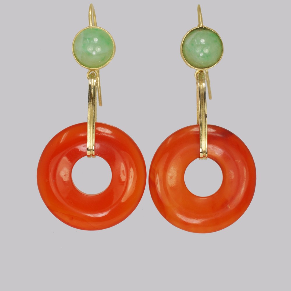 Vintage French Drop Earrings Carnelian & Jade 18ct Gold 1960s Dangle Earrings View III