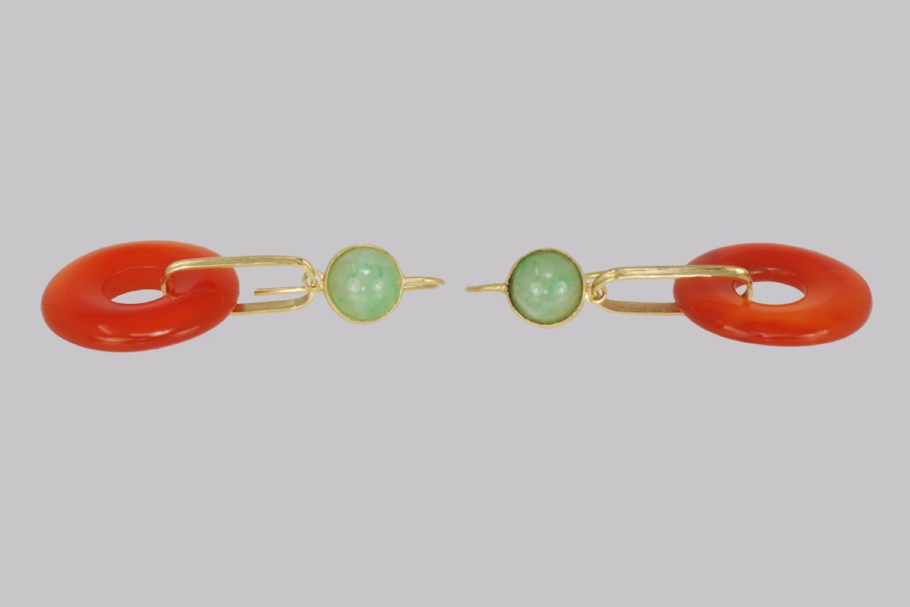 Vintage French Drop Earrings Carnelian & Jade 18ct Gold 1960s Dangle Earrings View IV