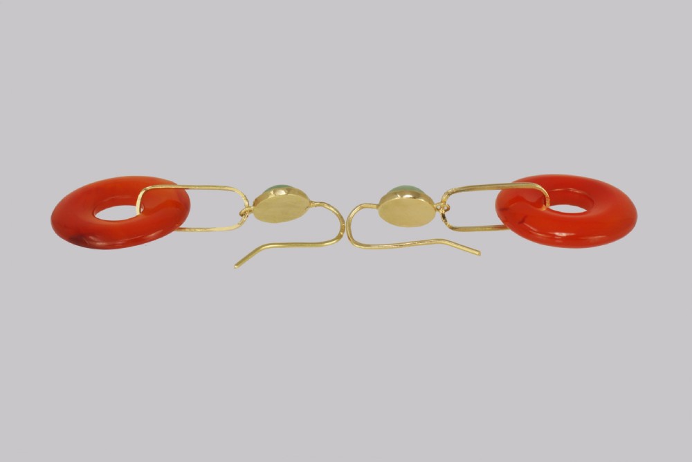 Vintage French Drop Earrings Carnelian & Jade 18ct Gold 1960s Dangle Earrings View V