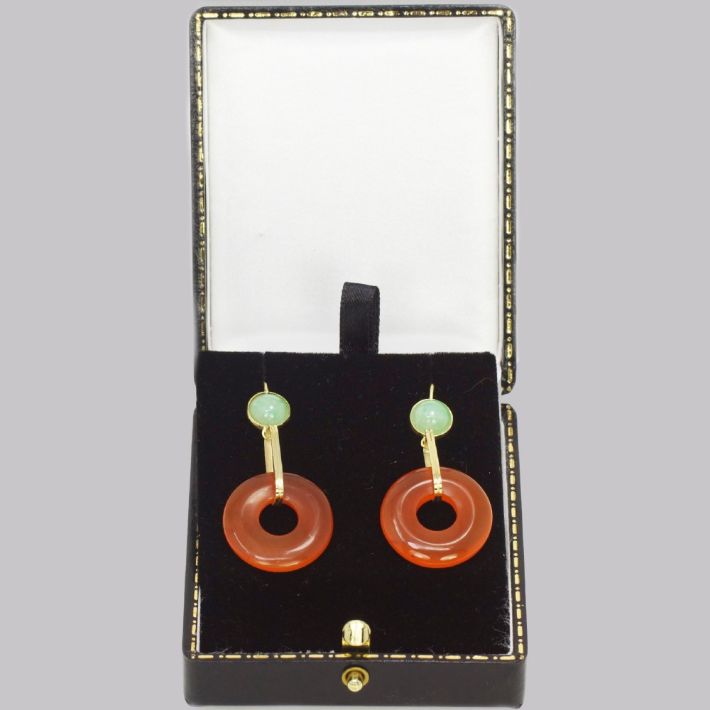 Vintage French Drop Earrings Carnelian & Jade 18ct Gold 1960s Dangle Earrings View VI