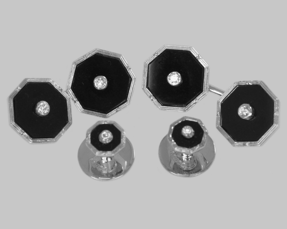 Art Deco Diamond & Onyx Cufflinks & Studs Antique 1920s 9ct White Gold Dress Set Collar Studs
