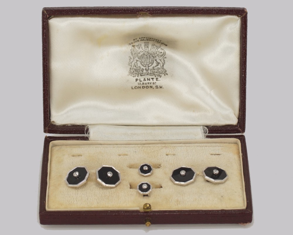 Art Deco Diamond & Onyx Cufflinks & Studs Antique 1920s 9ct White Gold Dress Set Collar Studs
 View II