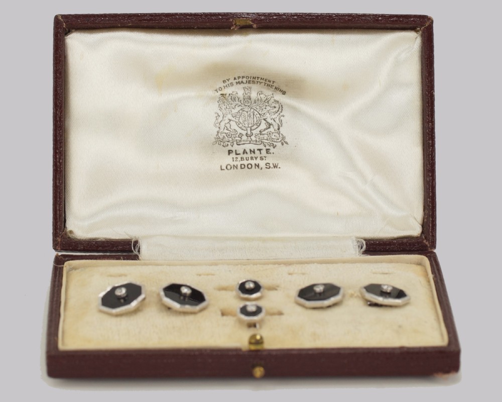 Art Deco Diamond & Onyx Cufflinks & Studs Antique 1920s 9ct White Gold Dress Set Collar Studs
 View III
