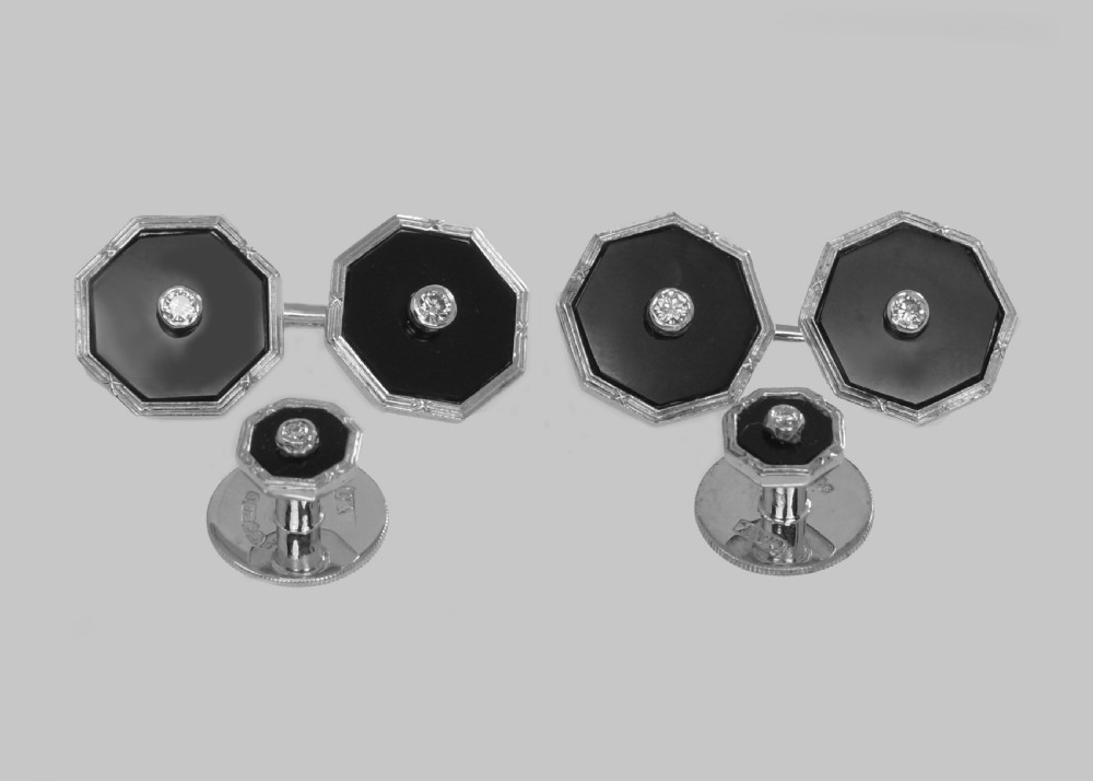 Art Deco Diamond & Onyx Cufflinks & Studs Antique 1920s 9ct White Gold Dress Set Collar Studs
 View VIII