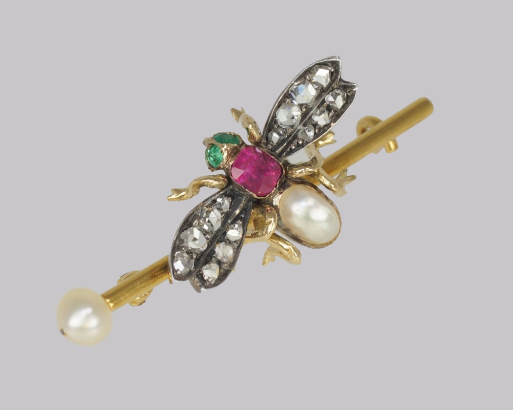 Victorian Bee Brooch Antique 18ct Gold Ruby Pearl Emerald Rose Cut Diamond Insect Brooch