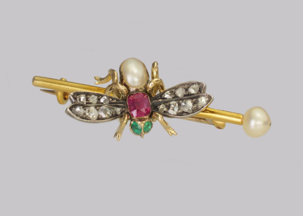 Victorian Bee Brooch Antique 18ct Gold Ruby Pearl Emerald Rose Cut Diamond Insect Brooch View II