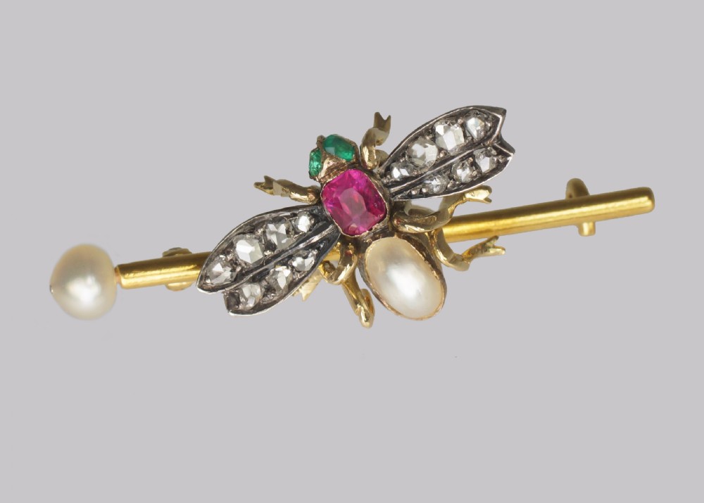 Victorian Bee Brooch Antique 18ct Gold Ruby Pearl Emerald Rose Cut Diamond Insect Brooch View III