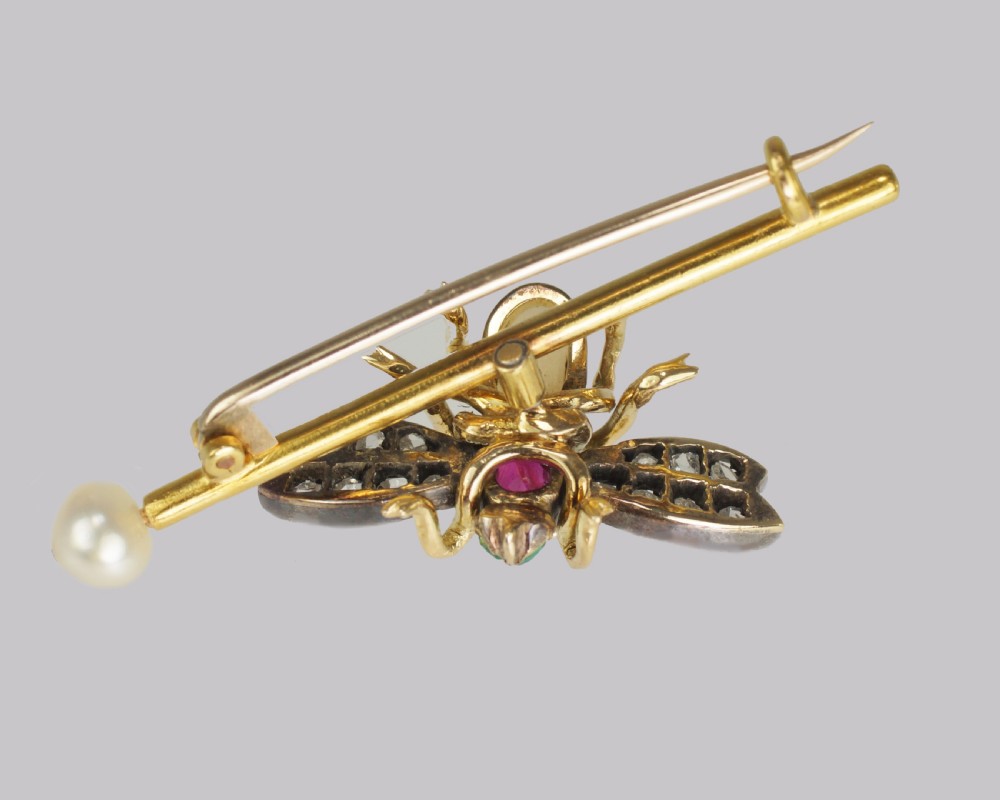 Victorian Bee Brooch Antique 18ct Gold Ruby Pearl Emerald Rose Cut Diamond Insect Brooch View IV