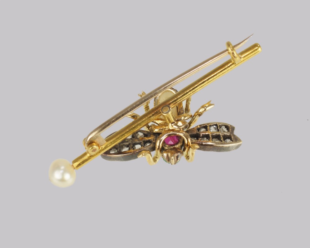 Victorian Bee Brooch Antique 18ct Gold Ruby Pearl Emerald Rose Cut Diamond Insect Brooch View V