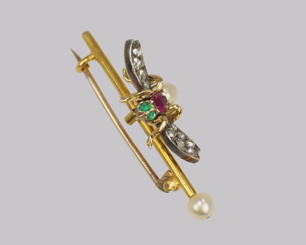 Victorian Bee Brooch Antique 18ct Gold Ruby Pearl Emerald Rose Cut Diamond Insect Brooch View VI