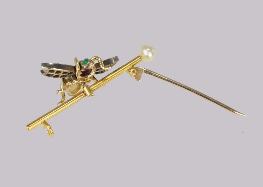Victorian Bee Brooch Antique 18ct Gold Ruby Pearl Emerald Rose Cut Diamond Insect Brooch View VII