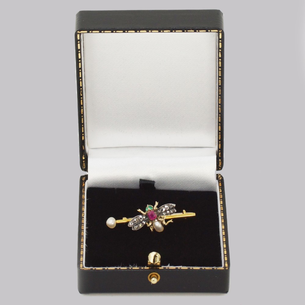 Victorian Bee Brooch Antique 18ct Gold Ruby Pearl Emerald Rose Cut Diamond Insect Brooch View VIII