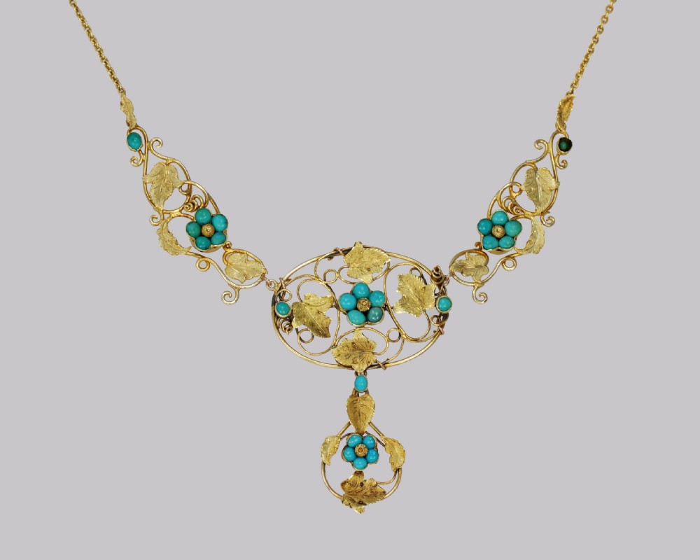 Victorian 15ct Gold Turquoise Necklace Antique Floral Scroll Necklace circa 1860