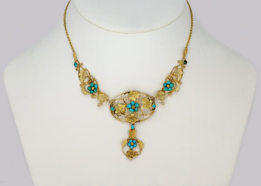 Victorian 15ct Gold Turquoise Necklace Antique Floral Scroll Necklace circa 1860 View II