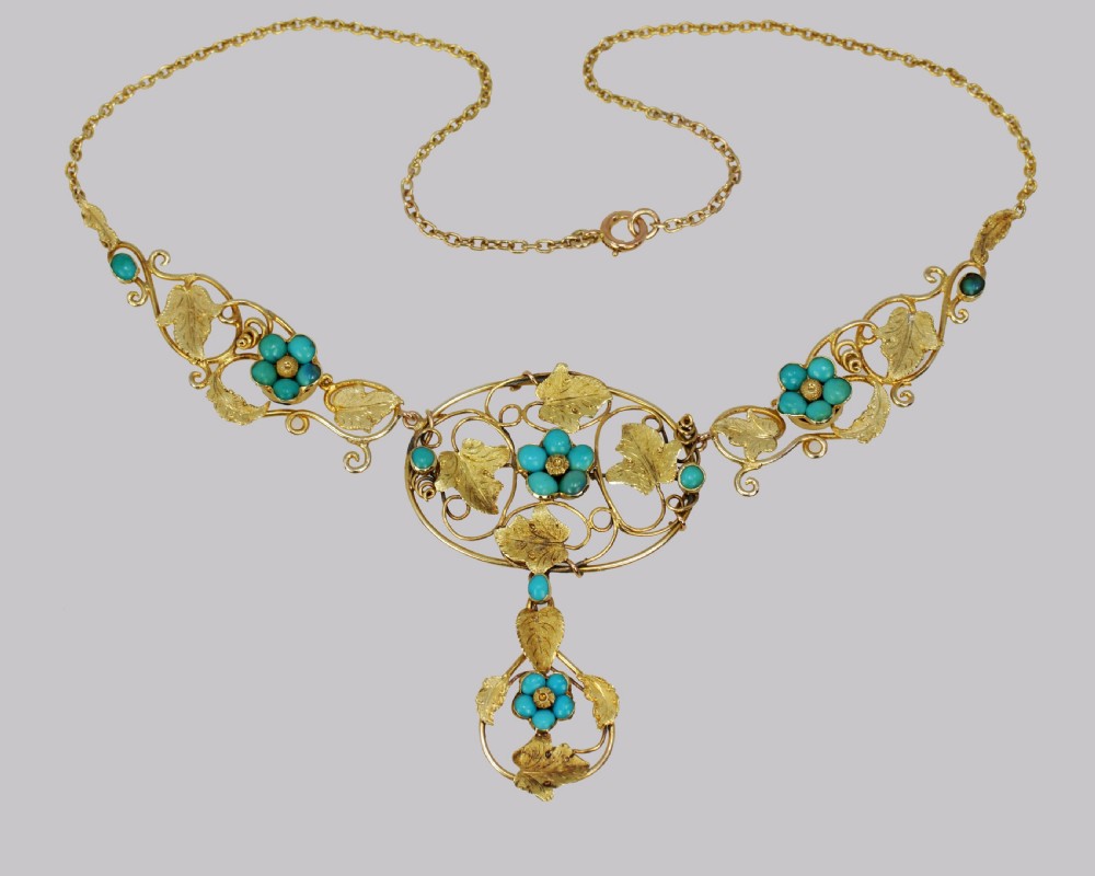 Victorian 15ct Gold Turquoise Necklace Antique Floral Scroll Necklace circa 1860 View III