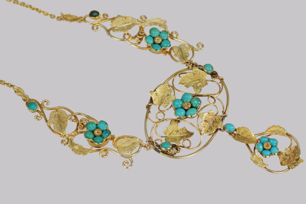 Victorian 15ct Gold Turquoise Necklace Antique Floral Scroll Necklace circa 1860 View IV