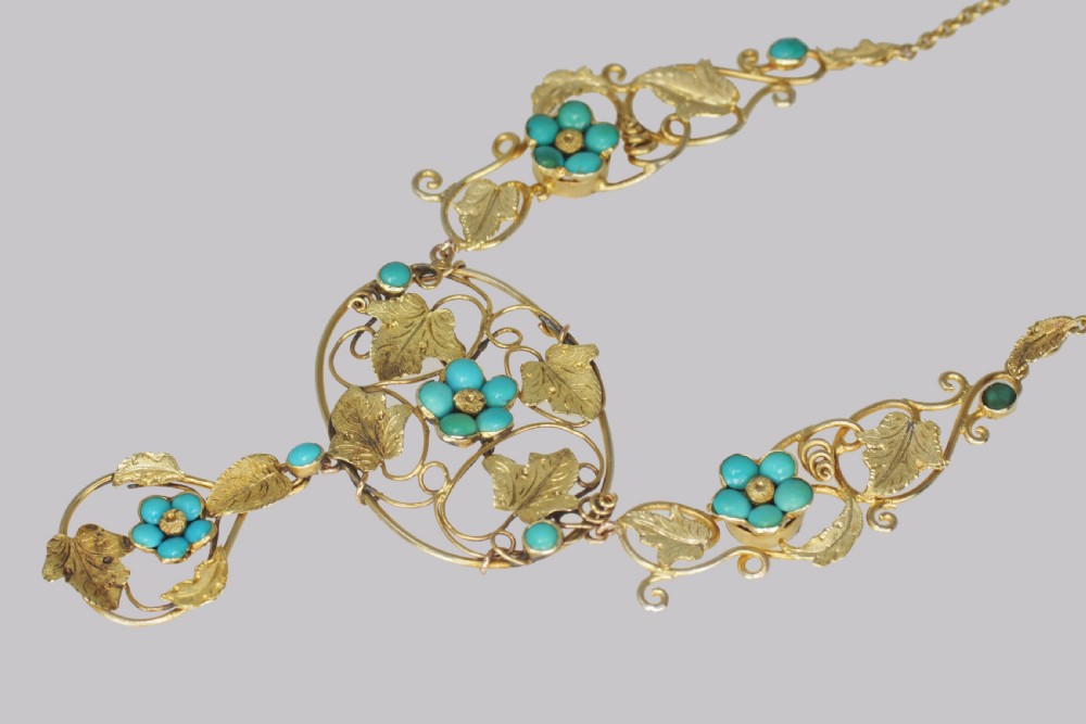 Victorian 15ct Gold Turquoise Necklace Antique Floral Scroll Necklace circa 1860 View V