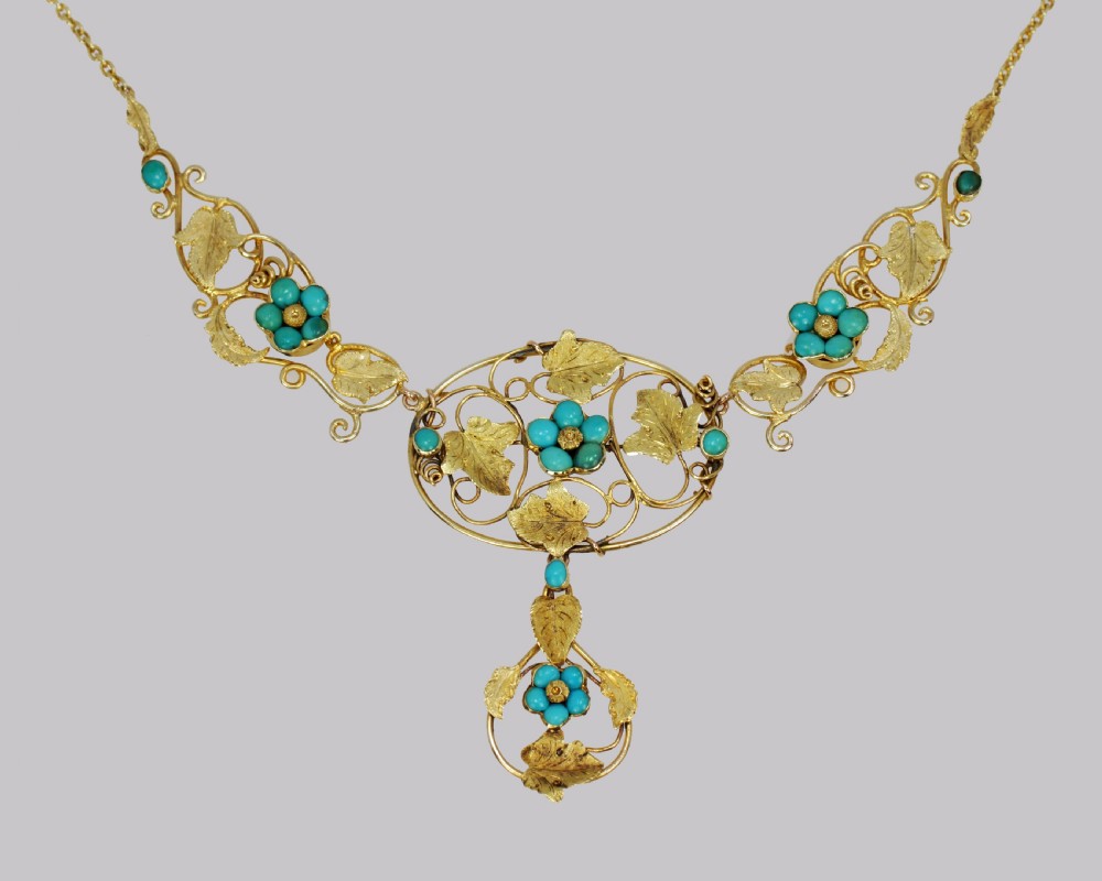 Victorian 15ct Gold Turquoise Necklace Antique Floral Scroll Necklace circa 1860 View VI
