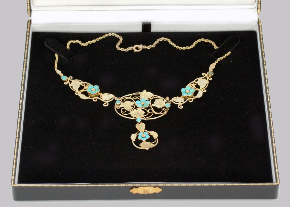 Victorian 15ct Gold Turquoise Necklace Antique Floral Scroll Necklace circa 1860 View VIII