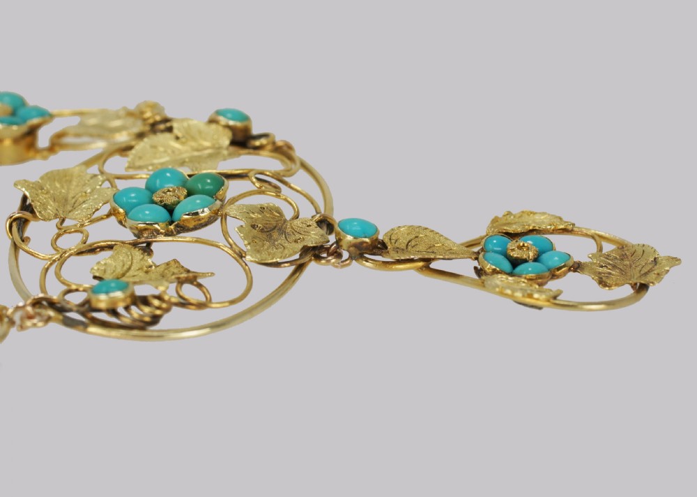 Victorian 15ct Gold Turquoise Necklace Antique Floral Scroll Necklace circa 1860 View X