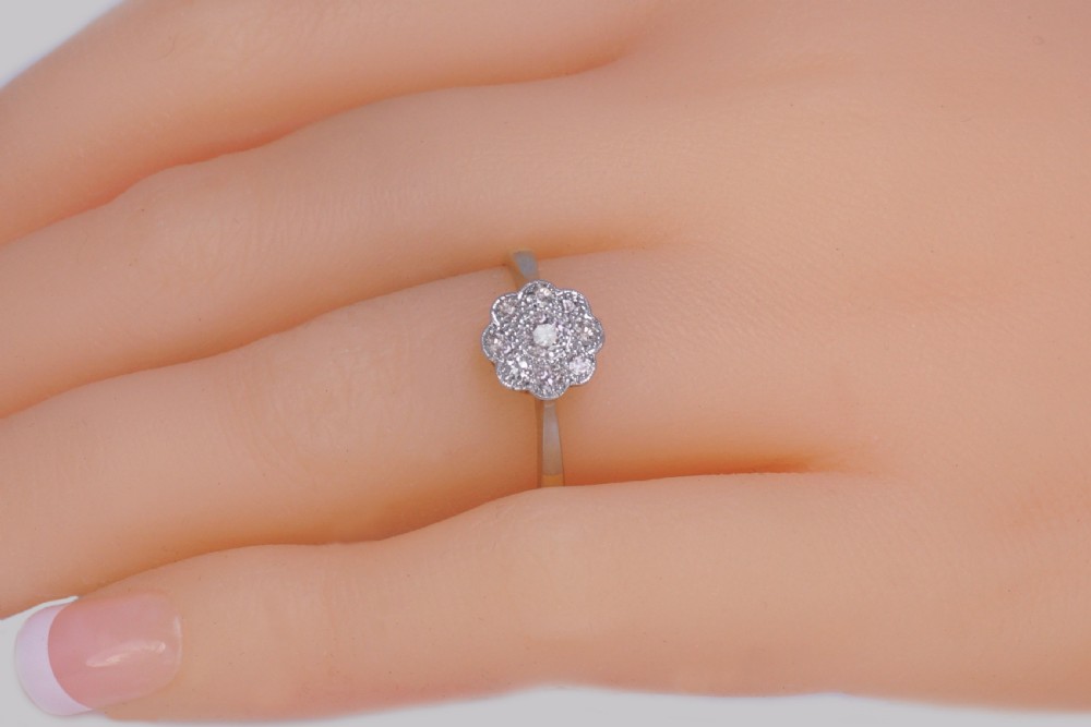 Antique 18ct Gold Diamond Cluster Ring Vintage Edwardian Platinum Daisy Ring View XII