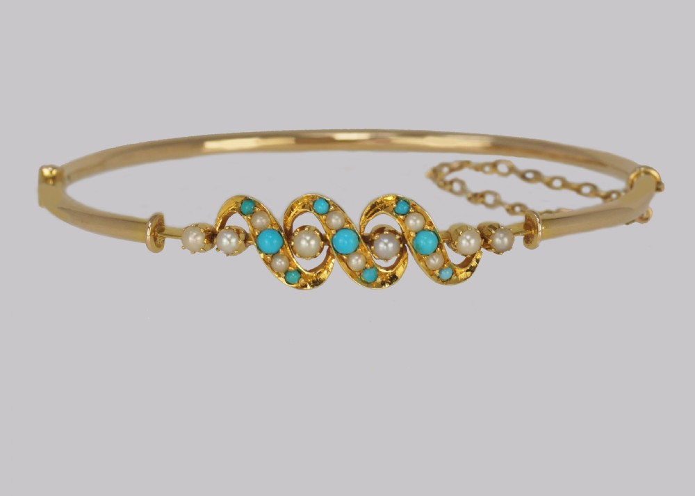 Victorian Turquoise & Pearl Bangle Antique 15ct Gold Bracelet with Original Box circa 1900