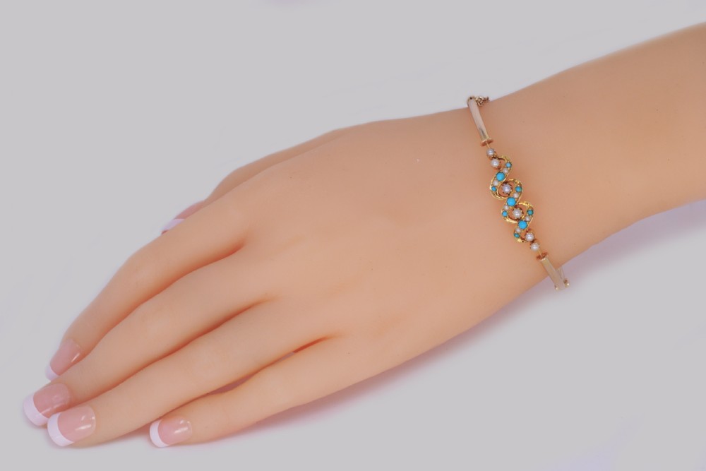 Victorian Turquoise & Pearl Bangle Antique 15ct Gold Bracelet with Original Box circa 1900 View II