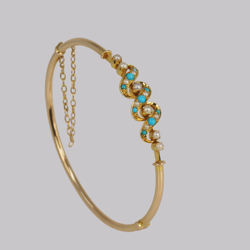 Victorian Turquoise & Pearl Bangle Antique 15ct Gold Bracelet with Original Box circa 1900 View III