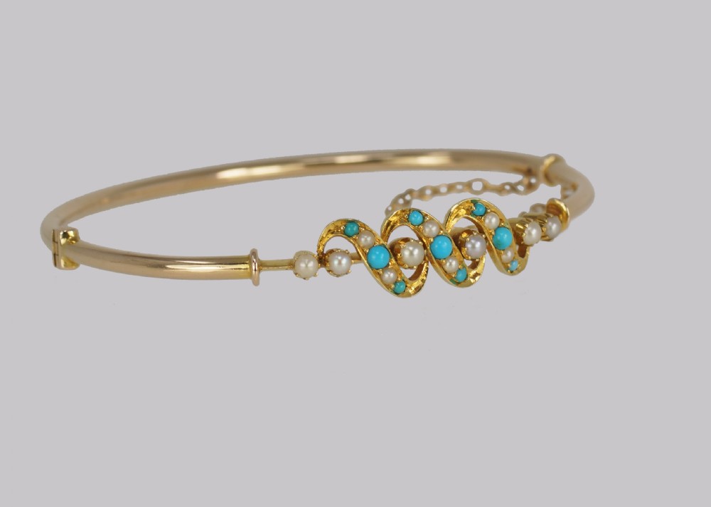 Victorian Turquoise & Pearl Bangle Antique 15ct Gold Bracelet with Original Box circa 1900 View IV