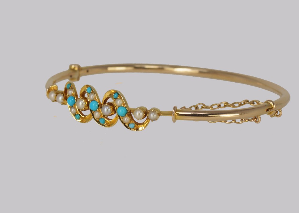 Victorian Turquoise & Pearl Bangle Antique 15ct Gold Bracelet with Original Box circa 1900 View V