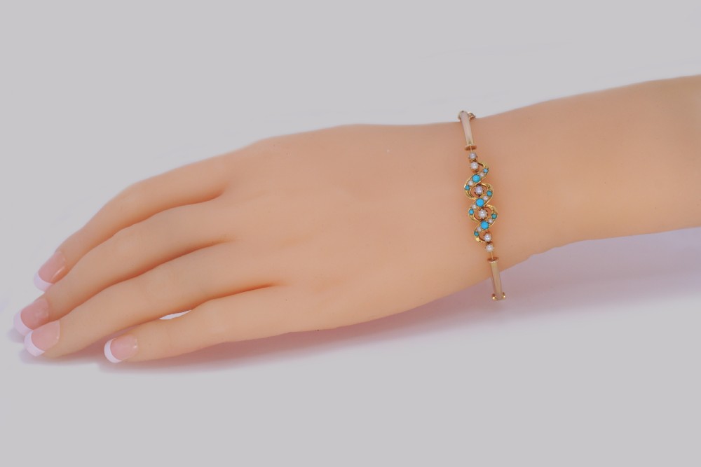 Victorian Turquoise & Pearl Bangle Antique 15ct Gold Bracelet with Original Box circa 1900 View VI