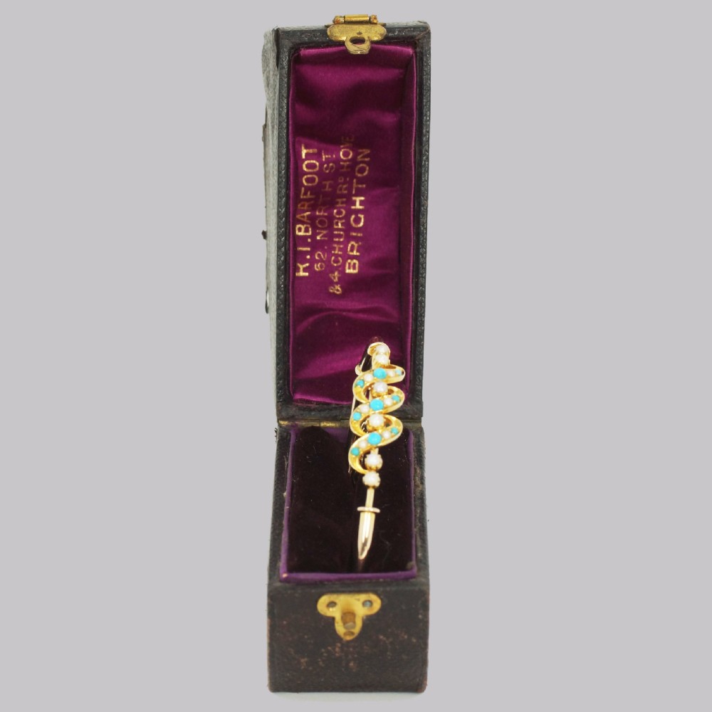 Victorian Turquoise & Pearl Bangle Antique 15ct Gold Bracelet with Original Box circa 1900 View VII