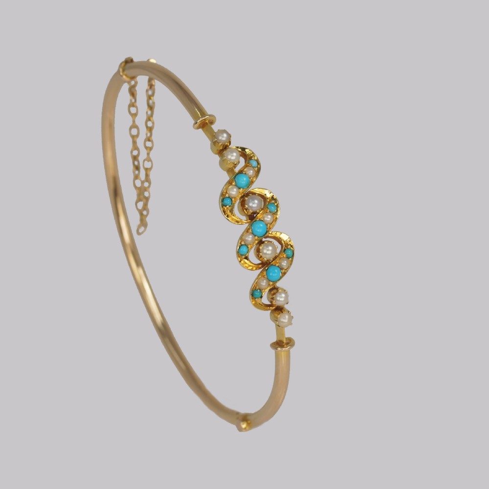 Victorian Turquoise & Pearl Bangle Antique 15ct Gold Bracelet with Original Box circa 1900 View IX