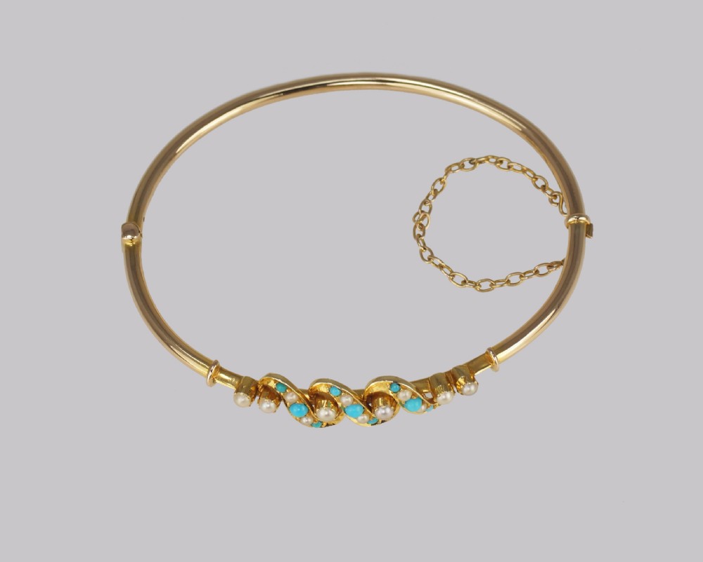 Victorian Turquoise & Pearl Bangle Antique 15ct Gold Bracelet with Original Box circa 1900 View X