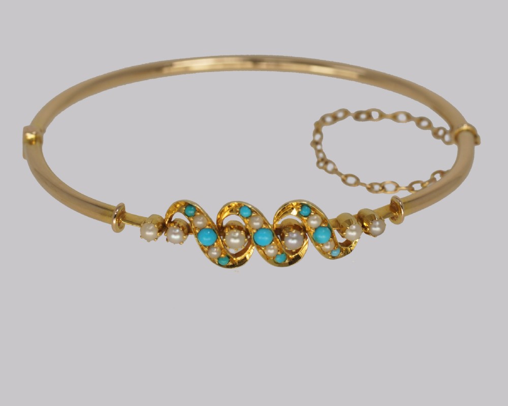 Victorian Turquoise & Pearl Bangle Antique 15ct Gold Bracelet with Original Box circa 1900 View XI